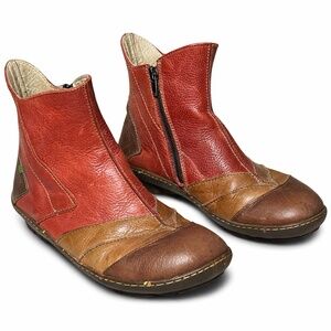 El Naturalista Patchwork Leather Ankle Boot Red Brown Artisan Comfort EU 37 US 7